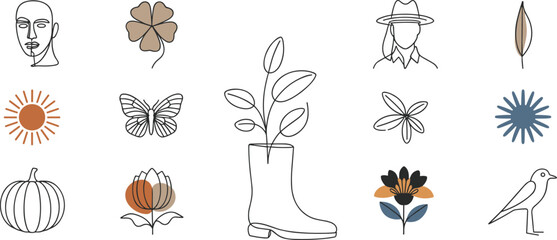 Obraz premium Abstract and Line Art Icons of Nature and Figures symbol