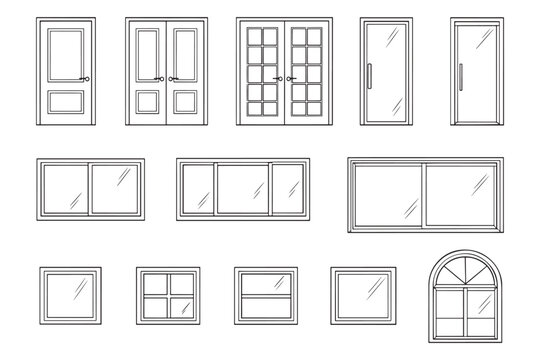 Architectural Line Drawing of Interior and Exterior Doors and Windows Set, Vector Frames, CAD design