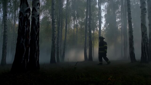 Morning Forest Solitude. Quiet Explorer Journeys Between Whispering Birch Trunks In Cool Morning Mist