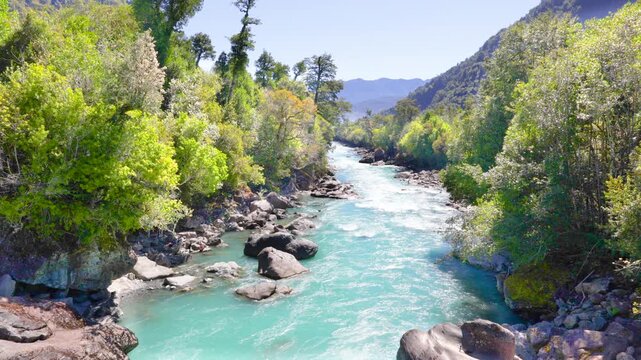 Hornopir&eacute;n, Chile - March 20, 2026: The Blanco River flows through the lush nature of Chilean Patagonia. Its turquoise waters originate from glaciers.