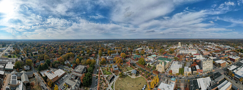 Sweeping panoramic vista of Bell Tower Green in Salibury in North Carolina