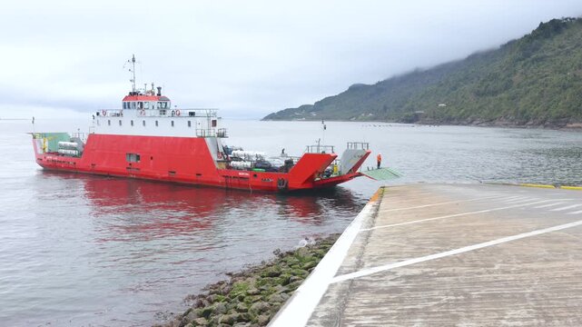 Puerto Montt, Chile - March 20, 2026: Caleta La Arena ferry, receiving motor vehicles for their subsequent transport to Caleta Pueche, on the Carretera Austral, Chilean Patagonia.