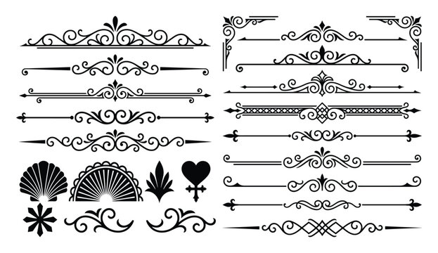 Set of decorative vintage border dividers and ornamental design elements for book page decor.