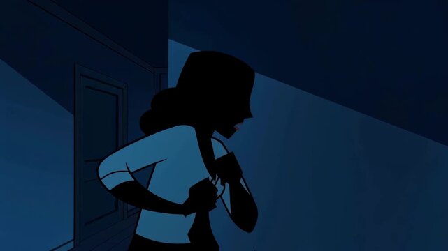 A cartoon-style animated scene of a woman with stylized features sneaking through a dimly lit environment. This sequence captures a sense of mystery, stealth, and suspense, featuring a character movin