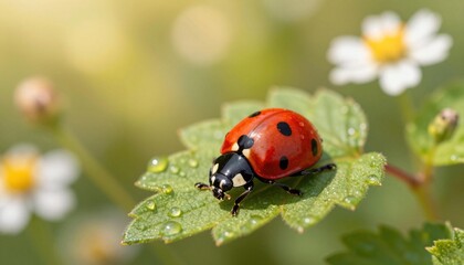 Obraz premium Close-up of a red ladybug with black spots on a dewy green leaf beside small white flowers