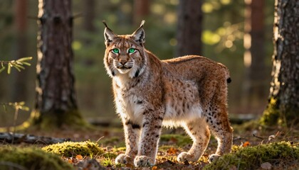 Fototapeta premium Eurasian lynx standing alert on a mossy forest floor with sunlight filtering through pine trees