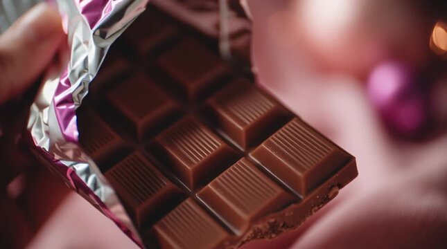 A video showcasing a delicious piece of chocolate being held in someone's hand