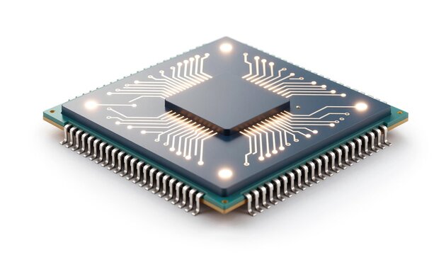 Close-up 3D render of a microchip processor on a circuit board with exposed pins and glowing circuit traces