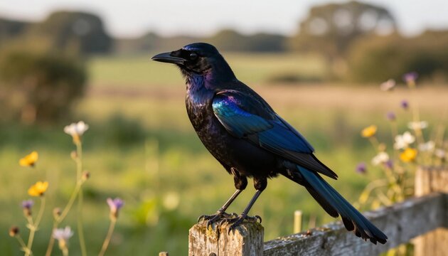 Iridescent black bird perched on a wooden fence post in a sunlit wildflower meadow