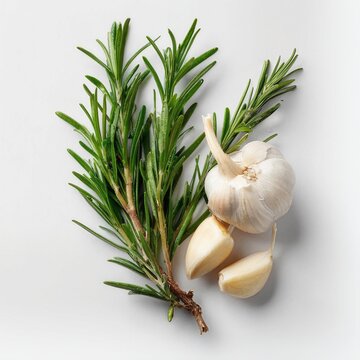 Fresh rosemary and garlic arrangement, minimal food styling on a white background