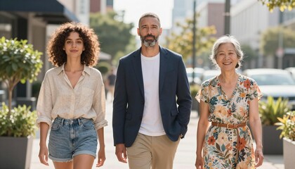 Naklejka premium Multigenerational diverse adults confidently walking together on a sunny urban street