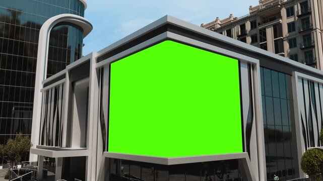 City Digital Advertising Display Mockup, People Walking in Front of Futuristic Building