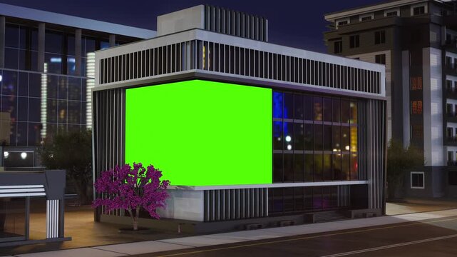 Green Screen Billboard Mockup on Corner of Modern Building at Night
