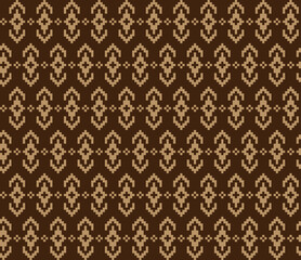 Fototapeta premium Seamless retro pixel art textile pattern with traditional folk geometric motifs on brown background.