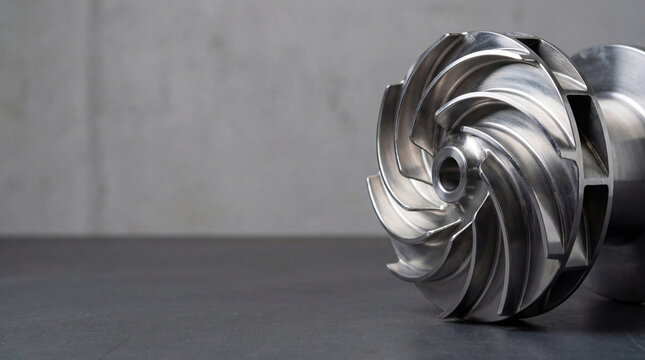 Metal impeller for industrial pump in sewage treatment plant. Component for clean water system and liquid management. Engineering equipment for wastewater processing and power generation.