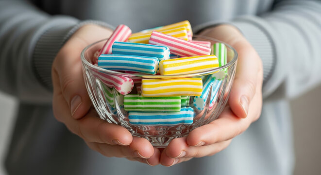 Person holding bowl full of colorful striped candies in hands close-up studio shot sweet sugary treat confectionery snack cheerful and vibrant