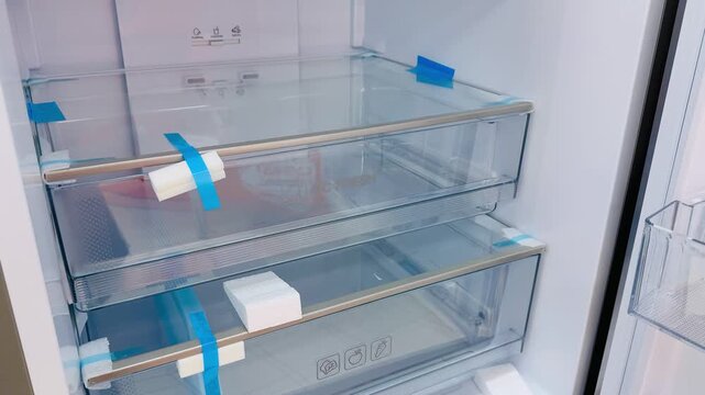 Closeup glass shelves refrigerator crisper compartment showing pristine clear drawers with blue protective tape, modern led.