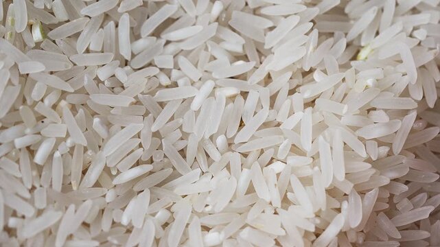 Top view close up texture of uncooked white rice grains with natural variation and organic food background for nutrition and agricultural concept. 