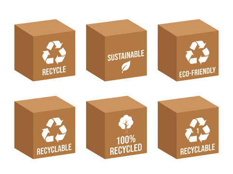 Six brown boxes with different eco-friendly symbols and labels representing sustainability, recycling, and environmental consciousness