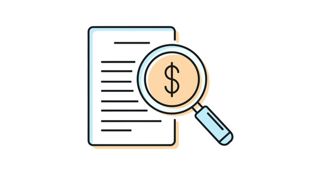 financial analysis and business audit concept with a magnifying glass inspecting a dollar sign on a document for expense review.