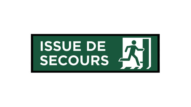 green emergency exit sign with french text issue de secours and running person pictogram for safety and evacuation.