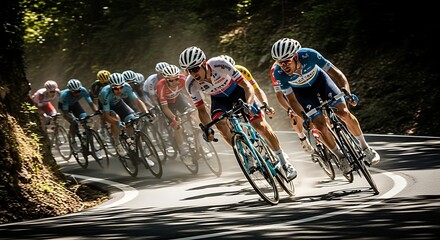 Obraz premium Professional cyclists racing on a winding road through a forest