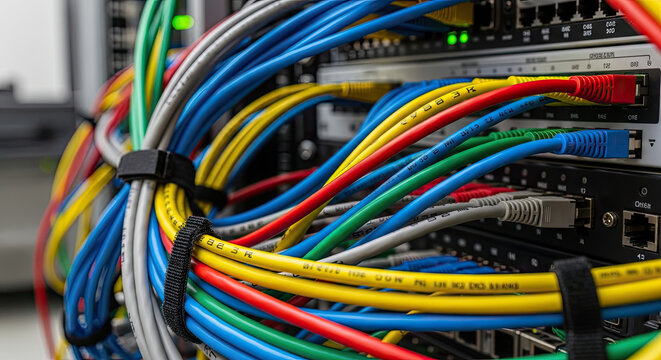 Network server cables plugged into ports for data center connection and fast ethernet communication in server room