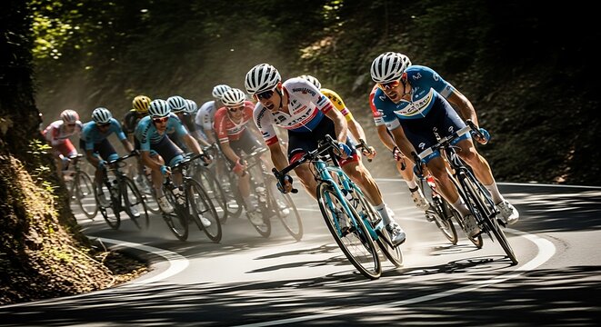 Professional cyclists racing on a winding road through a forest