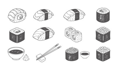 Hand drawn sushi and sashimi assortment with chopsticks and soy sauce salmon roll © Md