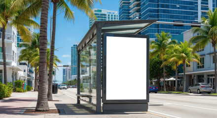 Obraz premium Modern bus stop with blank billboard in sunny Miami street featuring palm trees and architecture on a clear day