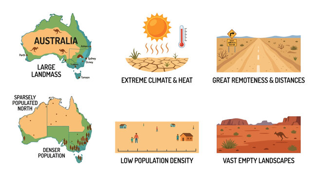 Australia map and illustrations show large landmass with extreme climate heat and sparse population