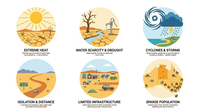 Climate challenges in Australia include extreme heat, water scarcity, cyclones, isolation, limited infrastructure, and sparse population