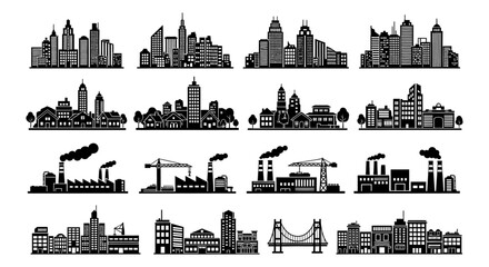 Obraz premium black cityscape silhouettes and urban building icons illustrate modern architecture and industrial development