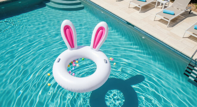 Bunny shaped inflatable ring floating in a vibrant blue swimming pool on a sunny day in summer for holiday fun