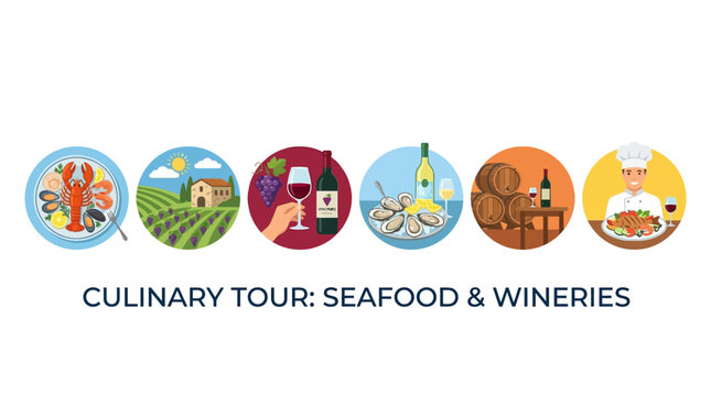 Culinary tour featuring seafood and wineries with various food and drink icons