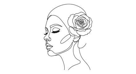 Fototapeta premium elegant one line drawing of a woman with a rose in her hair profile view