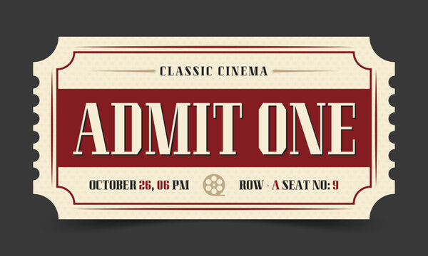 Retro red admit one movie ticket stub illustration for classic cinema