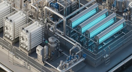 Fototapeta premium A detailed, high-angle view of an industrial water purification system, complex piping and filters