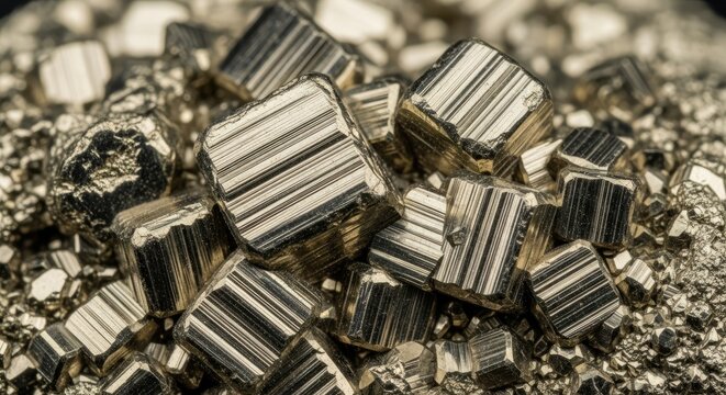 Close-up macro shot of pyrite crystals. Shiny, metallic cubes and fragments clustered together, reflecting light. Textural detail of mineral formation is prominent