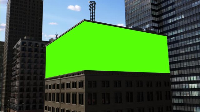 Big City Building with Large Corner Green Screen Billboard Mockup