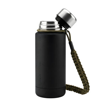 Black water bottle with a paracord strap isolated on transparent background