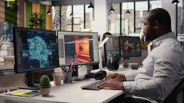 Black worker creating fantasy video game with AI neural networks systems, using advanced development software. Engineer working with programming tools and gaming assets, building virtual world.