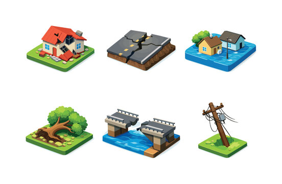Natural disaster aftermath. Isometric flat vector icons set of Natural disaster aftermath: collapsed house, cracked road, flooded neighborhood, uprooted tree,