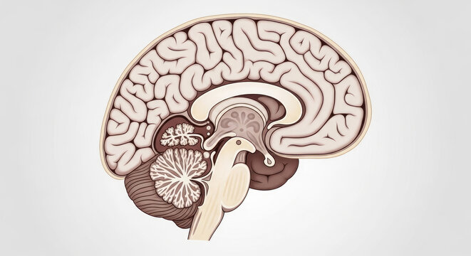Sagittal view illustration of human brain anatomy showcasing cerebrum cerebellum brainstem thalamus and related neurological structures