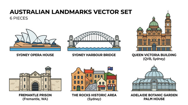 Australian landmarks vector set featuring Sydney Opera House, Harbour Bridge, and other famous buildings