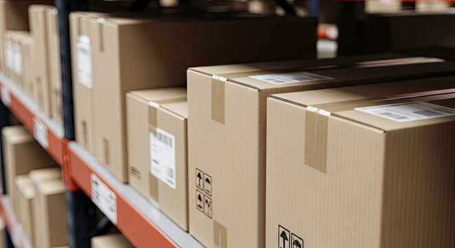 Stack of sealed brown cardboard boxes sitting on metal shelves in warehouse ready for shipment and storage with label