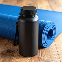 Obraz premium Black reusable water bottle with carrying strap on a wooden surface with blue rolled yoga mat providing hydration and fitness gear