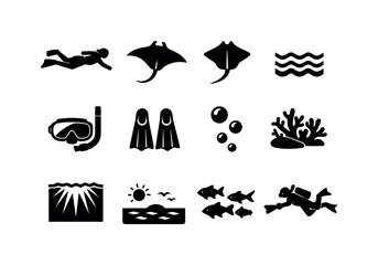 Obraz premium Swimming with Rays. Solid icon set of Swimming with Rays: swimmer silhouette, manta ray, stingray, ocean waves, snorkel mask, fins, underwater bubbles, coral