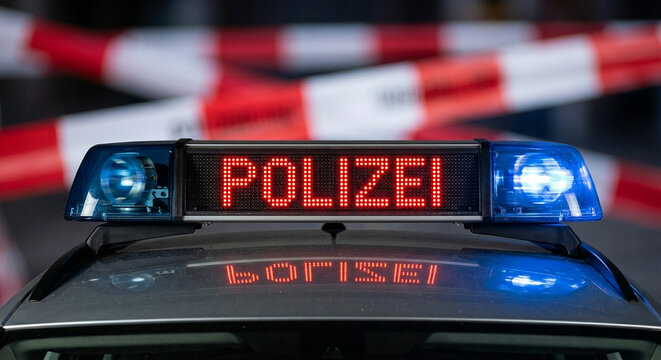Polizeifahrzeug mit Blaulicht und Absperrband