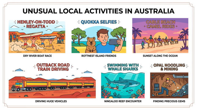 Unusual local activities in Australia include Henley on Todd Regatta, quokka selfies, and cable beach camel rides